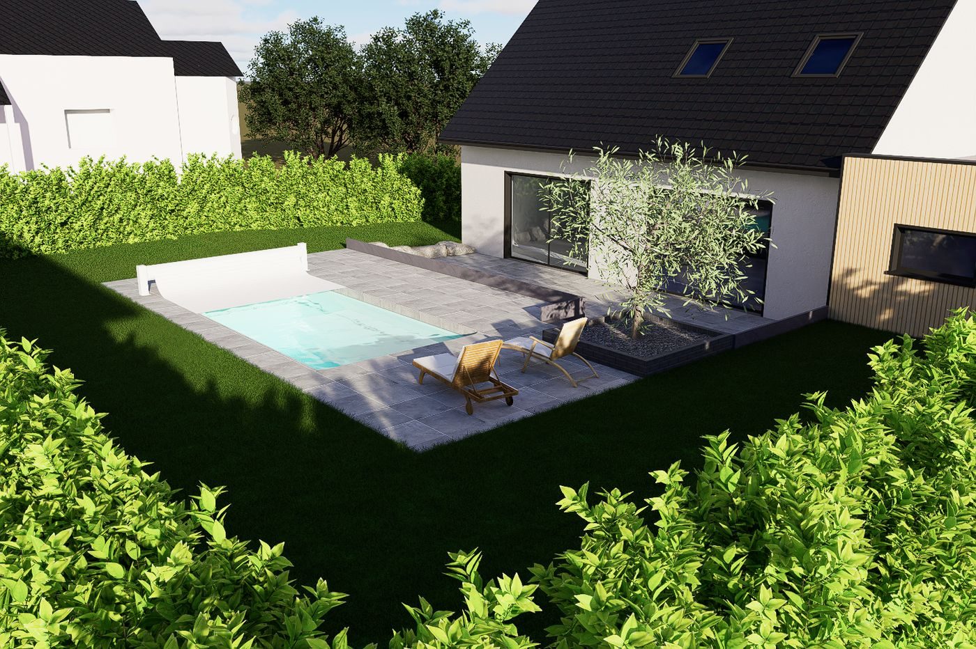 Vue en plongee du jardin de lotissement avec piscine et pelouse d'un seul tenant