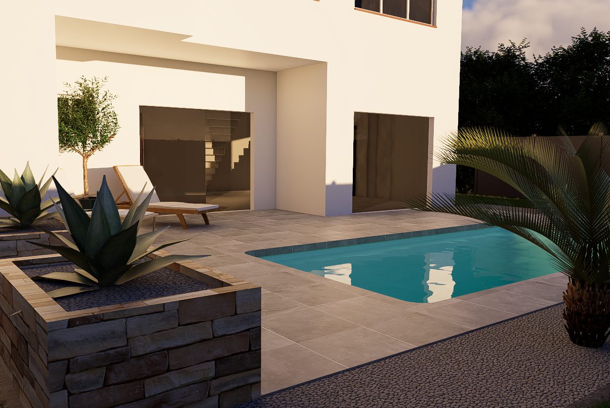Terrasse au crepuscule avec jardinieres en parement pierre plantees d'agaves